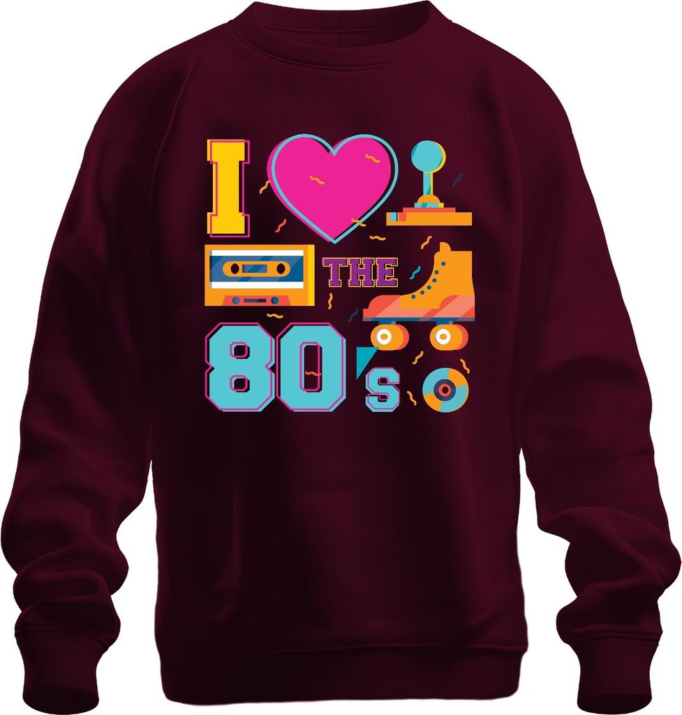I THE 80's Retro 80er Nostalgie Rollschuhe Kassette Disco Party Uni Sweatshirt Pullover, Burgundy, M