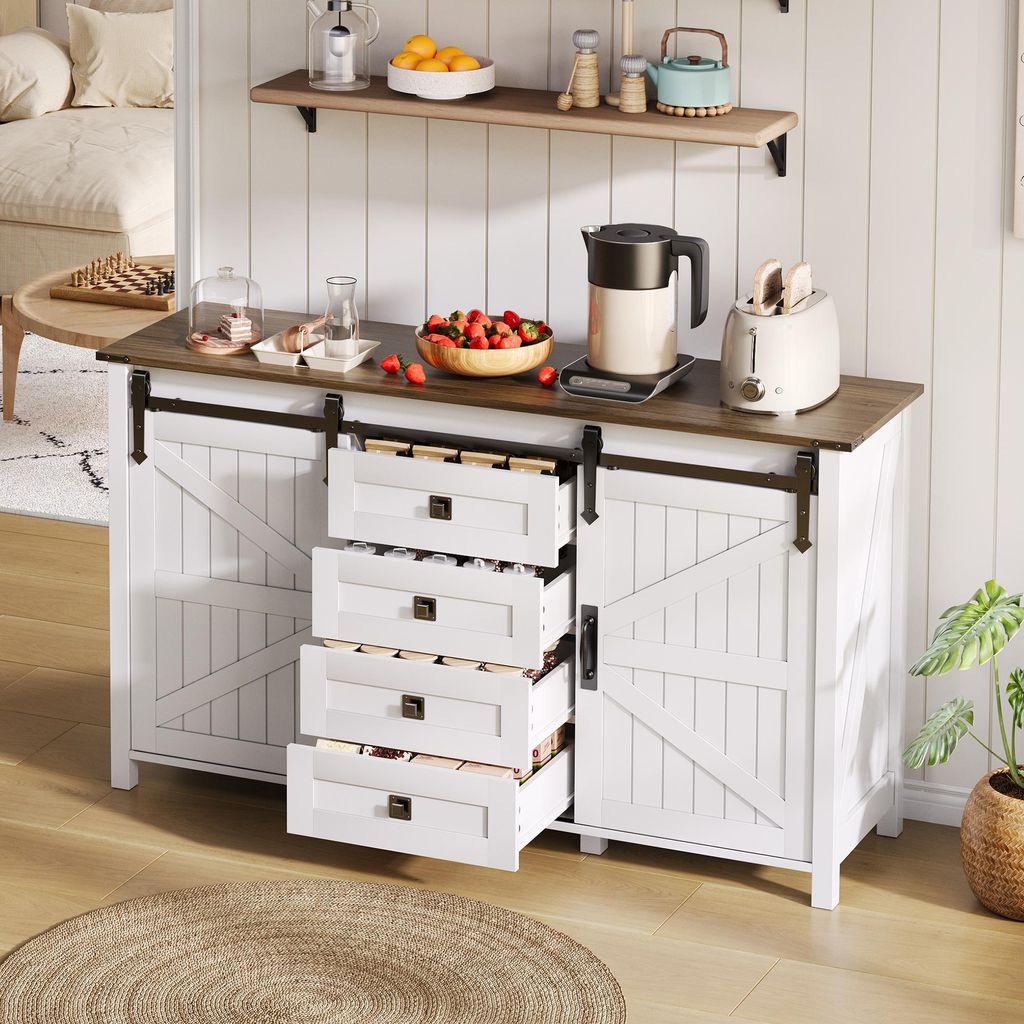 Merax Sideboard Kommode 137 cm mit 4 Schubladen und Schiebetüren, Buffetschrank in Weiß aus MDF, Vintage-Stil, Landhausdesign für Küche & Wohnz...