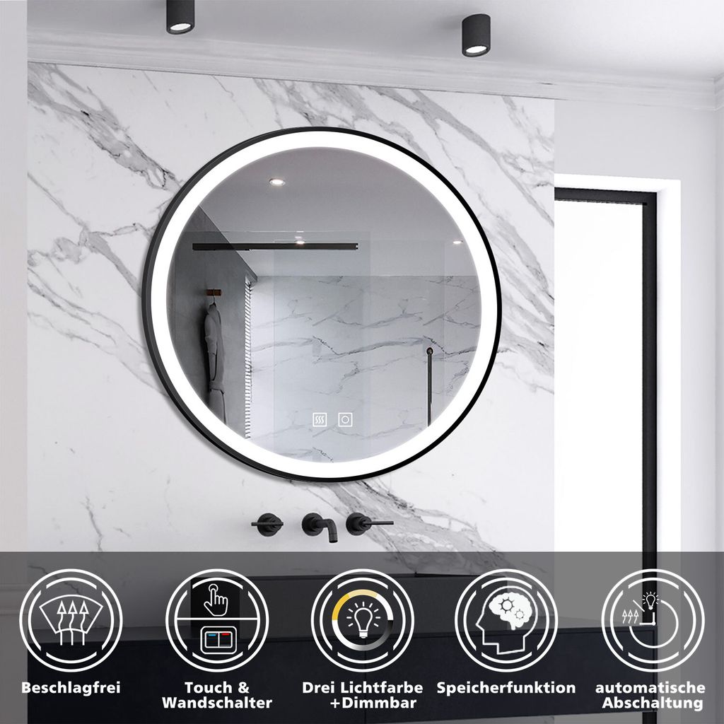 AICA Rund LED Badspiegel 60cm Touch/Wandschalter Beschlagfrei 3 Lichtfarbe+Dimmbar Badezimmerspiegel mit Schwarz Rahmen Wandspiegel IP44