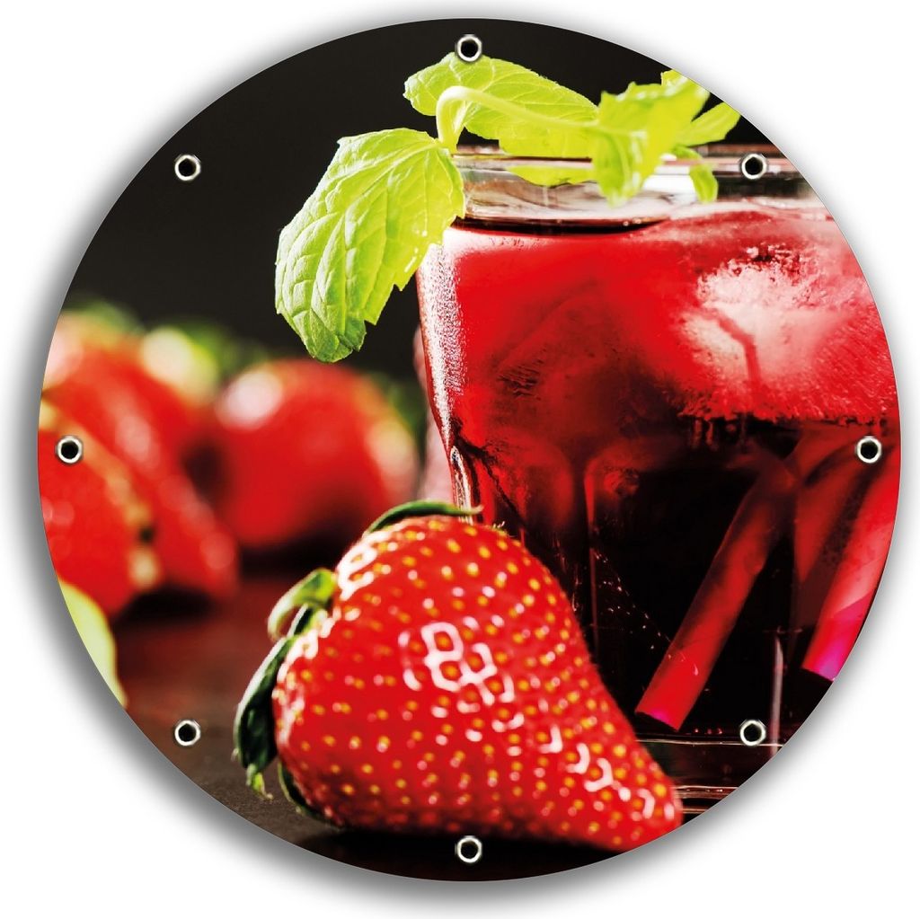 Wallario rundes Outdoor-Poster für Garten oder Balkon, Motiv Erdbeer-Mojito - Frische Erdbeeren, 30 cm Durchmesser