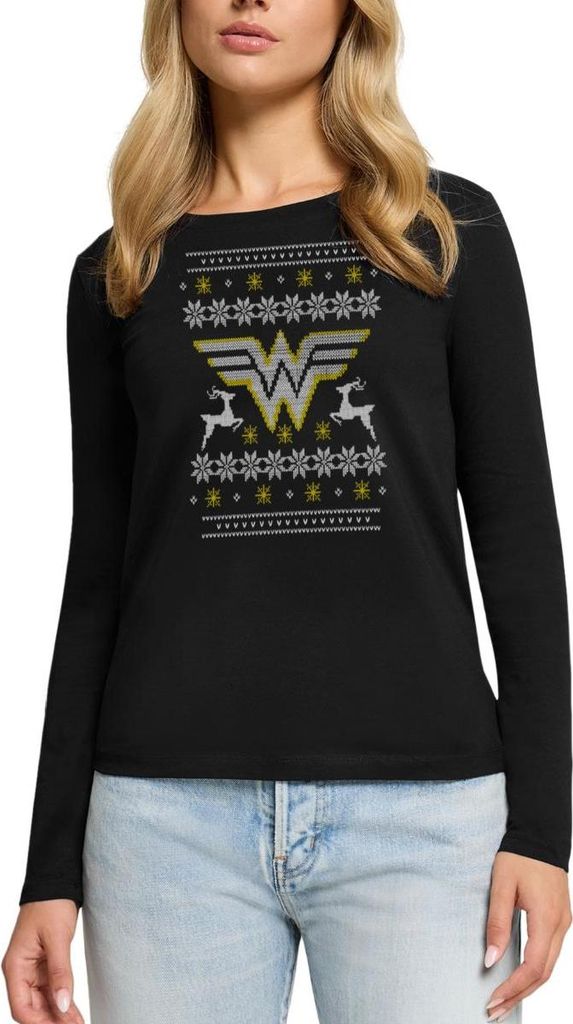 Spreadshirt DC Comics Wonder Woman Weihnachten Ugly Sweater Premium Langarmshirt Damen, XXL, Schwarz
