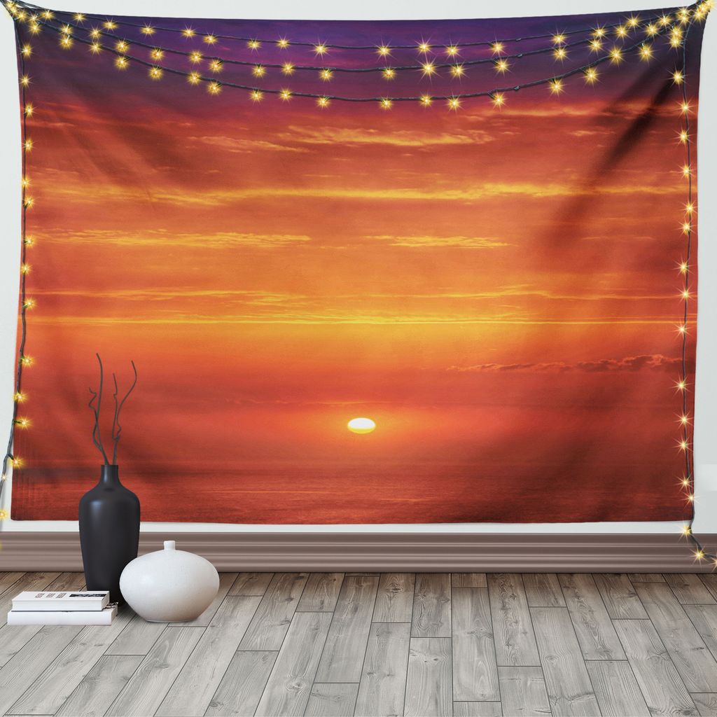 ABAKUHAUS Natürlich Wandteppich, Morgen-Sonnenaufgang Ozean, Wohnzimmer Schlafzimmer Wandtuch Seidiges Satin Wandteppich, 150 x 100 cm, Orange Rot...