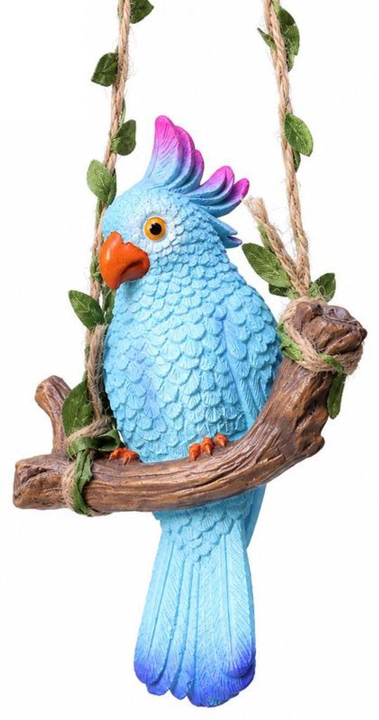 Hängende Papagei Gartendeko, Harzfigur Tropisch, blau, 15cm, wetterfest & farbecht, mit Juteseil – für Baum, Terrasse, Balkon, Tiki Bar