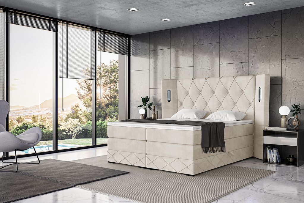 MEBLINI King Boxspringbett mit Bettkasten - Gepolstert Doppelbett mit Matratze und Topper - Polsterbett mit Stauraum - Bett mit LED Kopfteil - Stau...