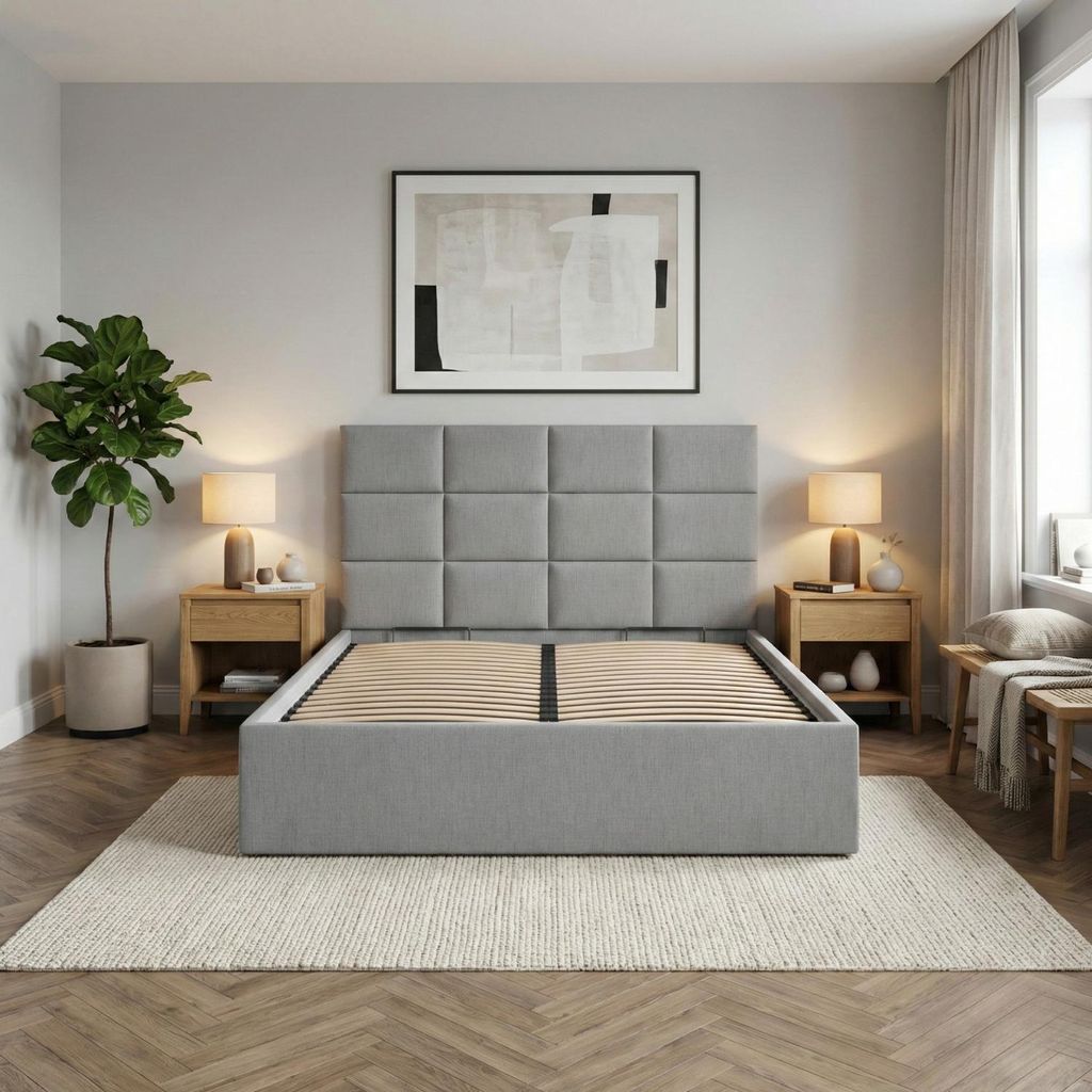 Polsterbett 180x200 cm mit Lattenrost, stabiles Doppelbett mit dekorativem Kopfteil, ohne Bettkasten, Geflecht, Grau, Hellgrau, YORK 180 x 200