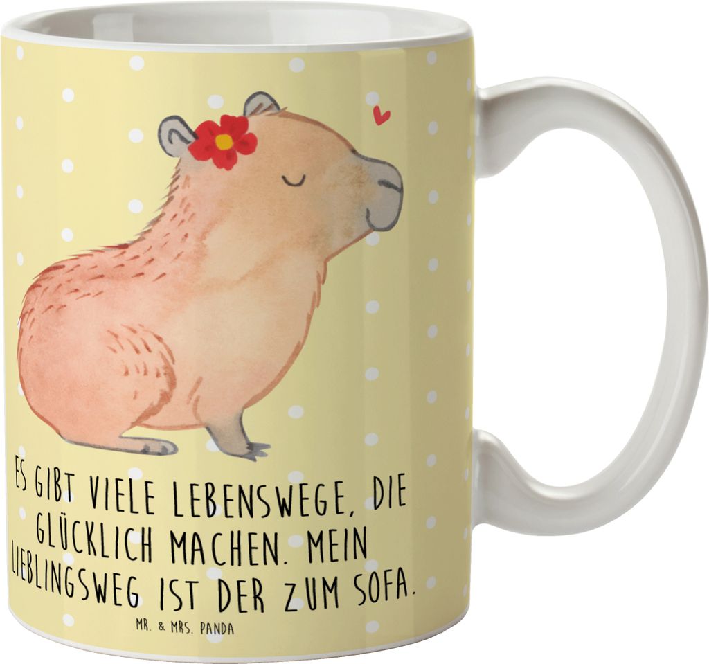 Mr. & Mrs. Panda Kaffeetasse Capybara Blume - Gelb Pastell - Geschenk, Lustige Sprüche, Tasse, mit Spruch, Pott, Trinkbecher, Keramiktasse
