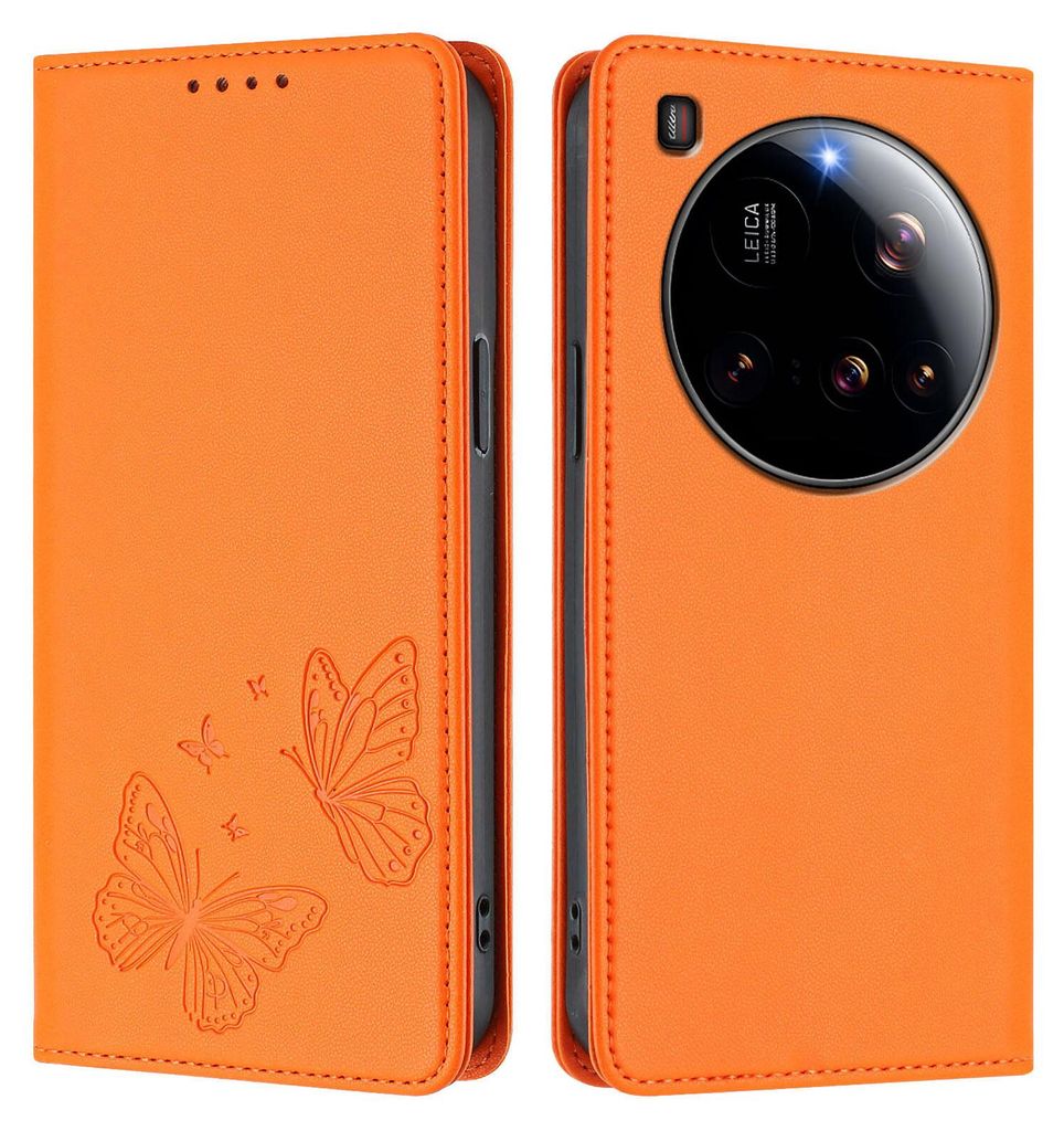 Lederhülle für Xiaomi 15 Ultra, Schmetterling Prägung Leder Brieftasche Schutzhülle mit Ständer Orange