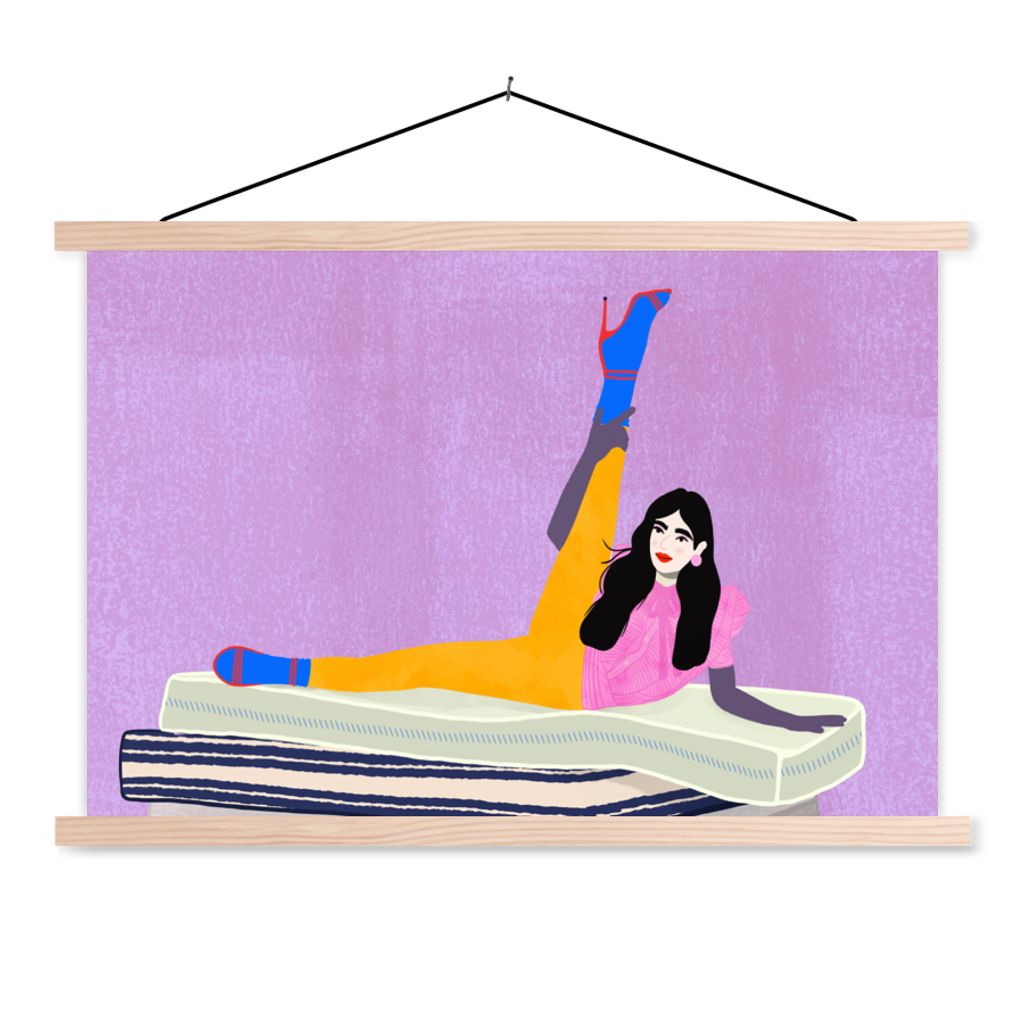 MuchoWow Textilposter Frau - Vintage - Pastell 120x80 cm mit holzfarbenen Rahmen - Aufhängeset