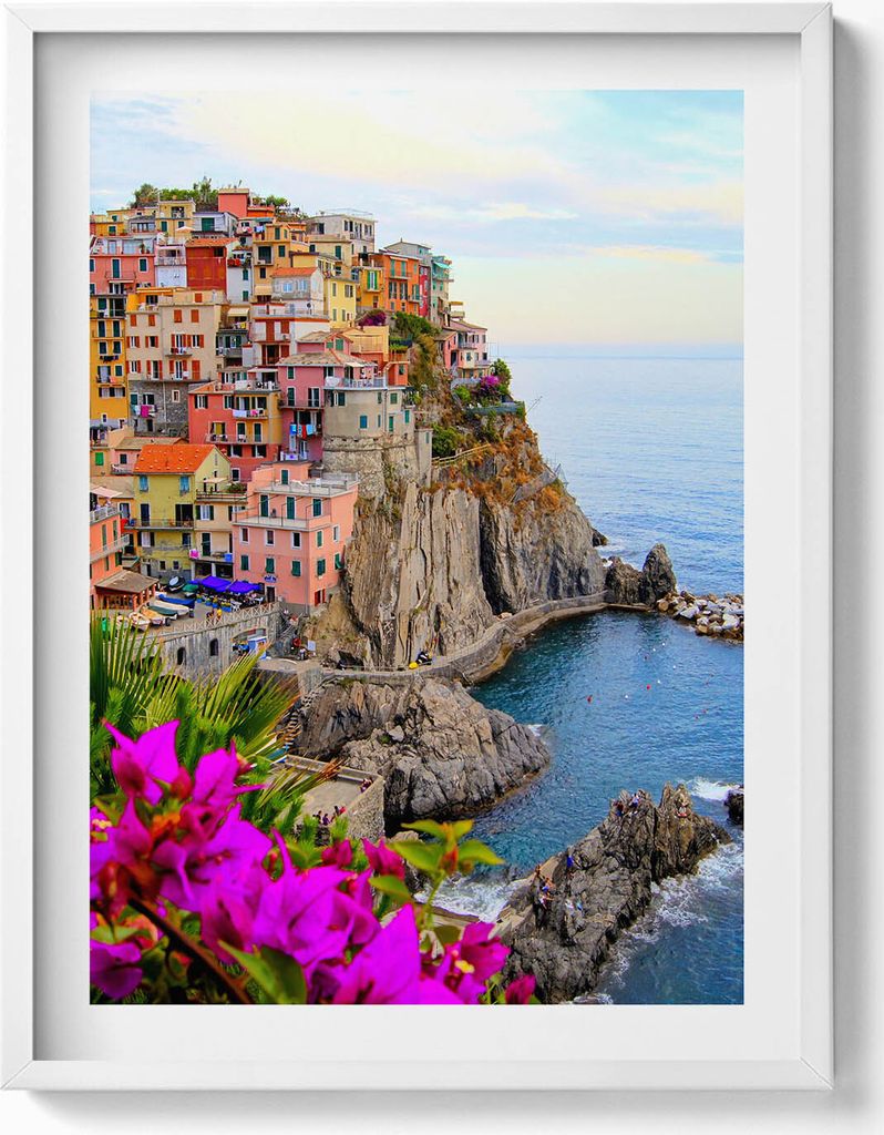 Blumen und die Küstenlinie der Cinque Terre Italien– Wandbild mit Rahmen – Gerahmtes Bild – Wanddekoration – 60x80 cm – Weiß Rahmen