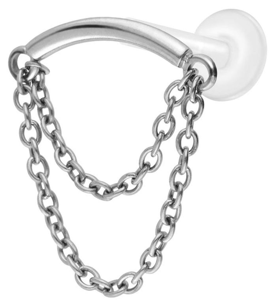 Ohrpiercing, Nasenpiercing PTFE Labret mit Innengewinde + Titan-Aufsatz BOGEN + 2 KETTEN Silber Stablänge: 9mm | Stabstärke: 1,2mm