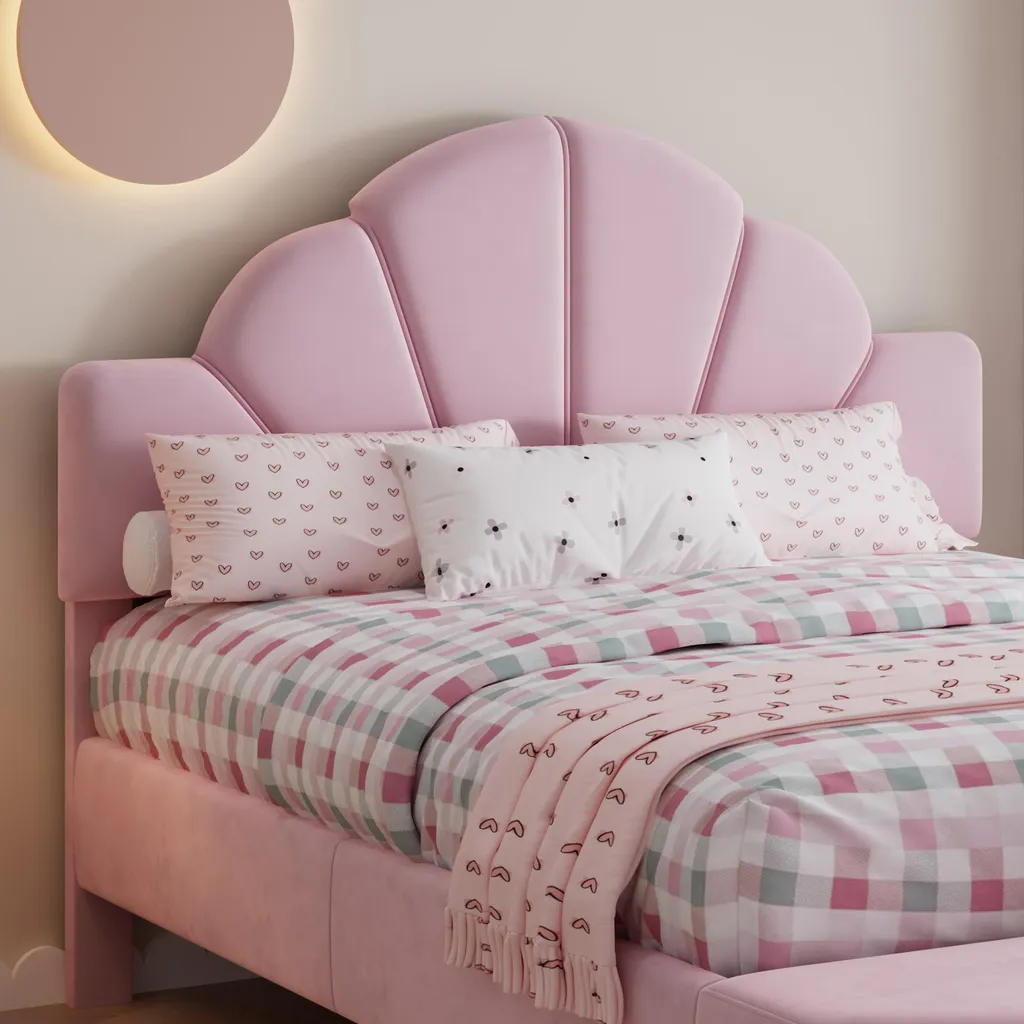 Lit en bois stable 140x200 velours rose avec bords anti-collision