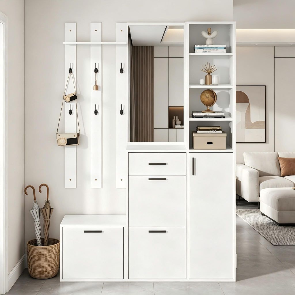 MODFU Garderoben-Set 4-in-1,Flurgarderoben-Set mit Spiegel,Schuhschrank und Kleiderschrank,Schrank mit Regalen,Schublade,Weiß