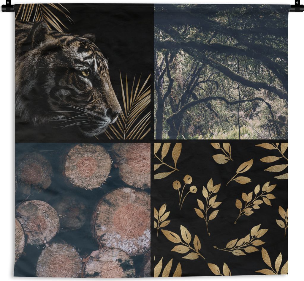 MuchoWow Wandteppich Wandbehang Tiger - Collage - Baum - Gold 150x150 cm Tapisserie Dekoration Wandtuch - Wohnaccessoires - Modernes