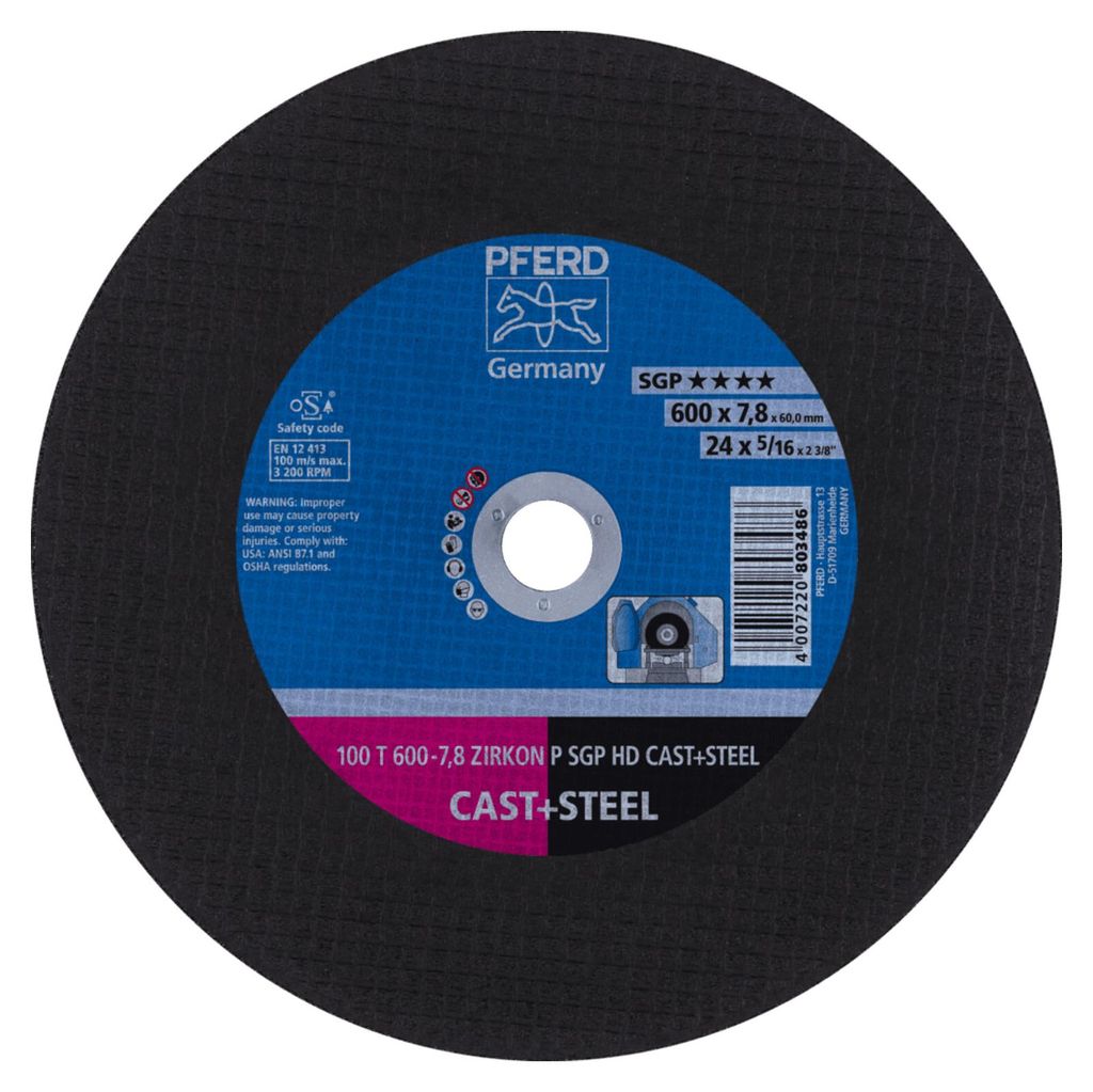 PFERD TOOLS Stationäre Trennscheibe T 600x7,8x60mm "mittelhart" HD CAST+STEEL für Guss/Stahl 100m/s 5 Stk
