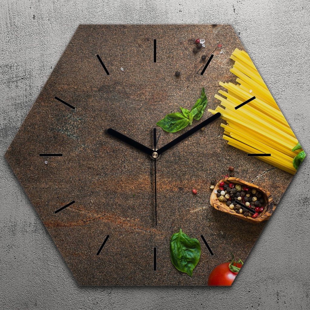 Uhr hexagonal 40 cm Glas Geräuschlos schwarze Zeiger - Italienisches Nudeln und Fleisch