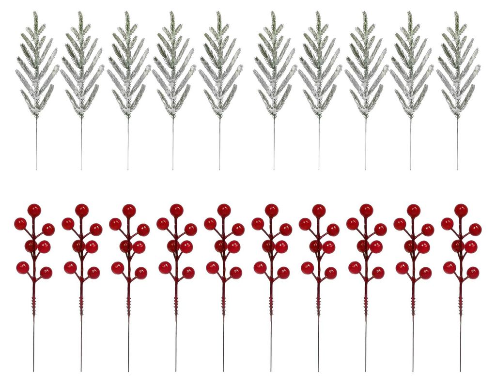 10/20 künstliche Norfolk-Kiefernzweige, 13-fach verzweigt, künstliches Grün, künstliche rote Beeren, DIY-Vase, Weihnachtsdekoration, Partydekor...
