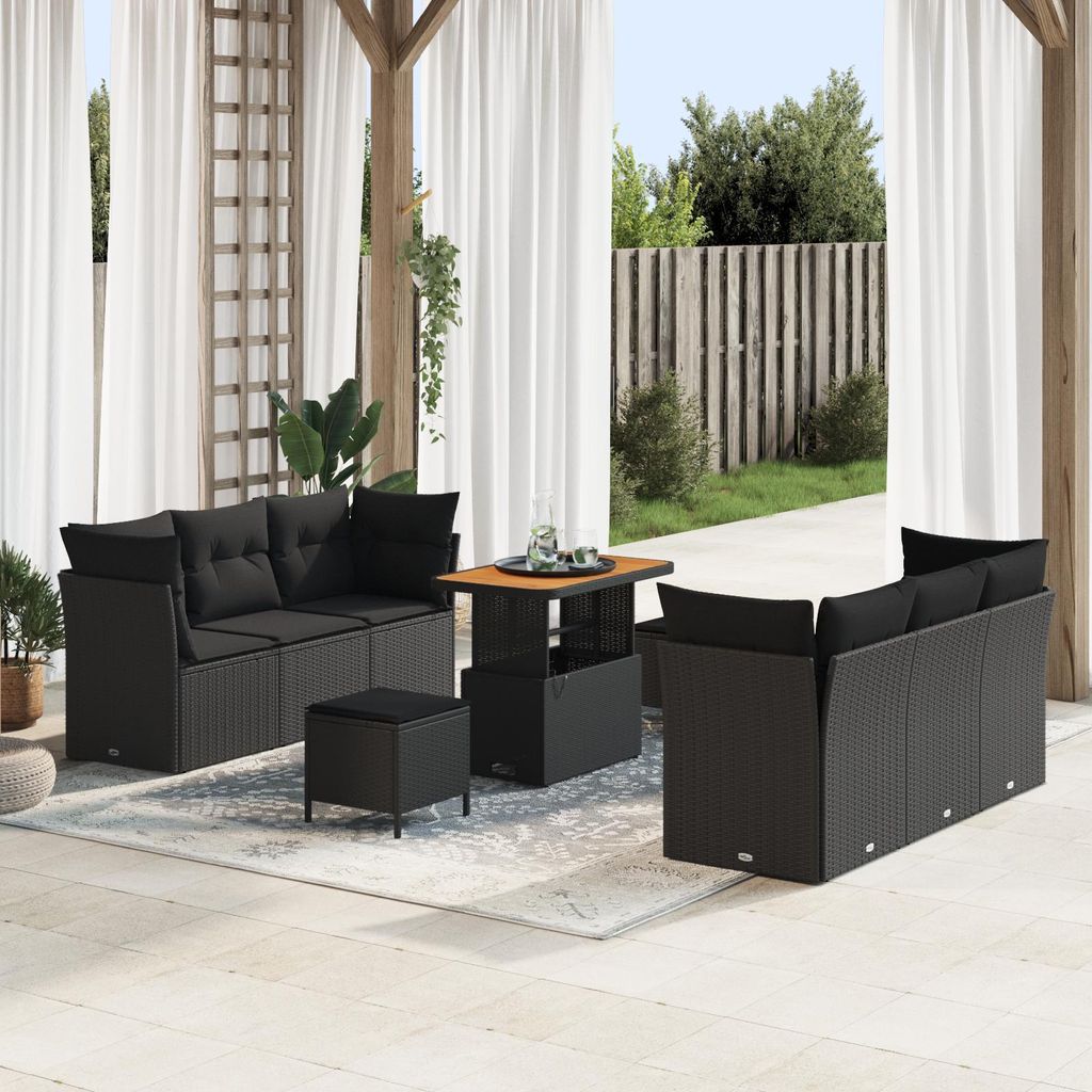 Möbel 9-tlg. Garten-Sofagarnitur mit Kissen Schwarz Poly Rattan - Gartensofas 3361439