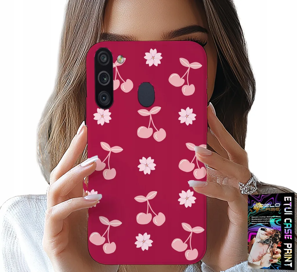 Custodia Per Samsung Galaxy A21 - Ciliegie, Ciliegie Su Sfondo Maroon + Lamina