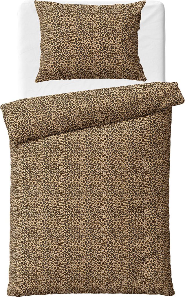 A top-down view of a leopard print duvet cover and pillowcase laid out on a white surface.