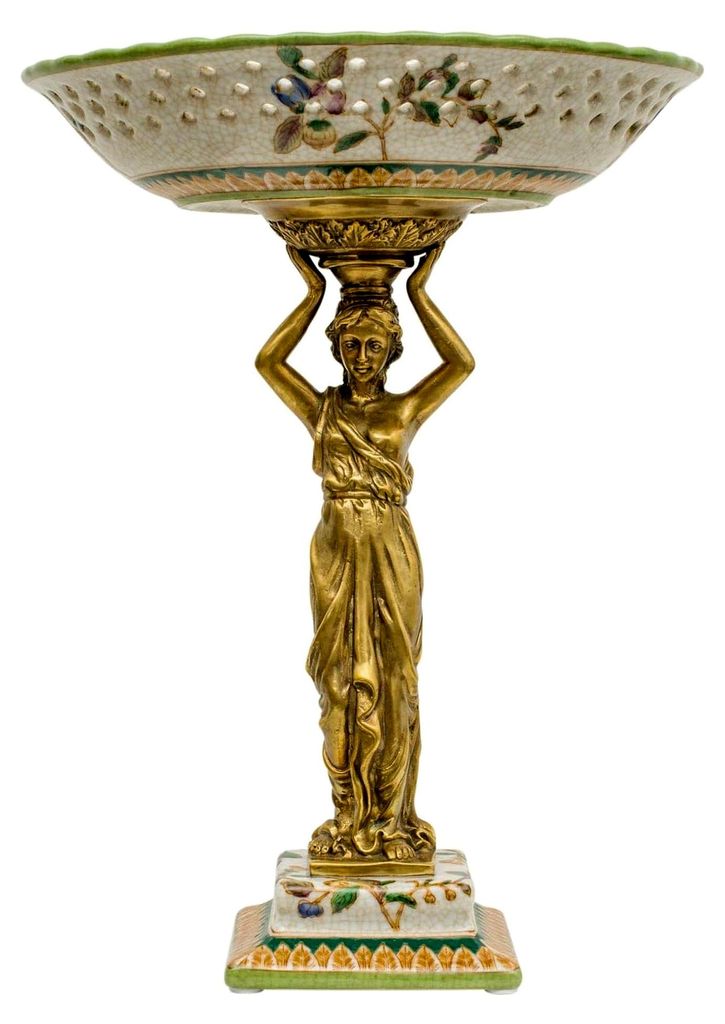 Schale Prunkschale Frau Blume Skulptur Porzellan Messing Antik-Stil 33cm