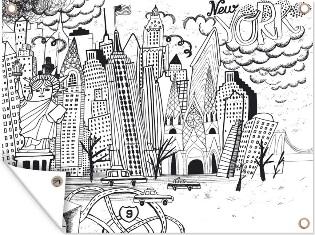 MuchoWow 80x60 cm Outdoor-Poster Gartendeko Sichtschutz Garten Poster für den Garten New York - Zeichnung - Schwarz - Weiß