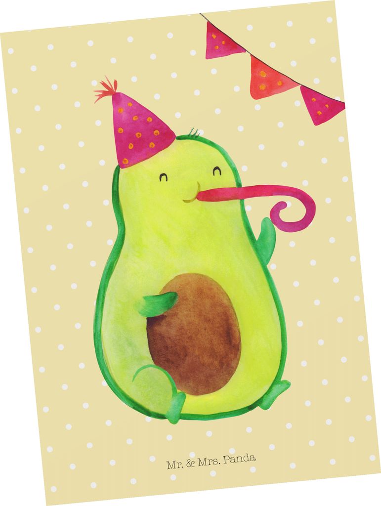 Mr. & Mrs. Panda Postkarte Avocado Party - Gelb Pastell - Geschenk, Ansichtskarten, Grußkarte, Geburtstag, Avocados, Ansichtskarte, Happy Birthday...