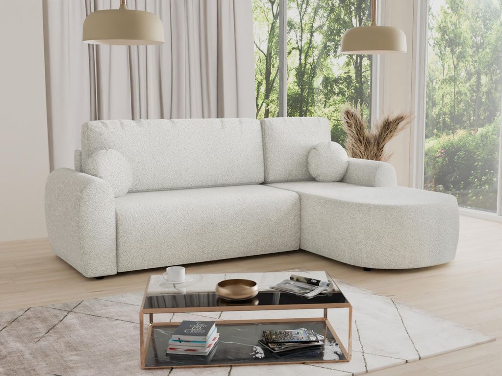Ecksofa Jazz mit Schlaffunktion und Bettkasten - Bouclé-Stoff - L-Form Couch, Polstersofa, Schlafsofa, Sofagarnitur, Bettsofa (Weiß (Coral 70), E...