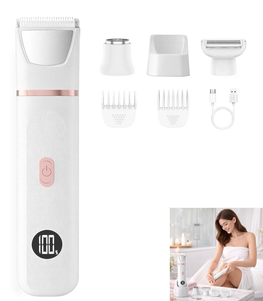 Elektrischer Rasierer für Frauen, 4-In-1 Elektrischer Damenrasierer, Schmerzfreier Intimrasierer, TYPE-C Aufladung, 600mAh