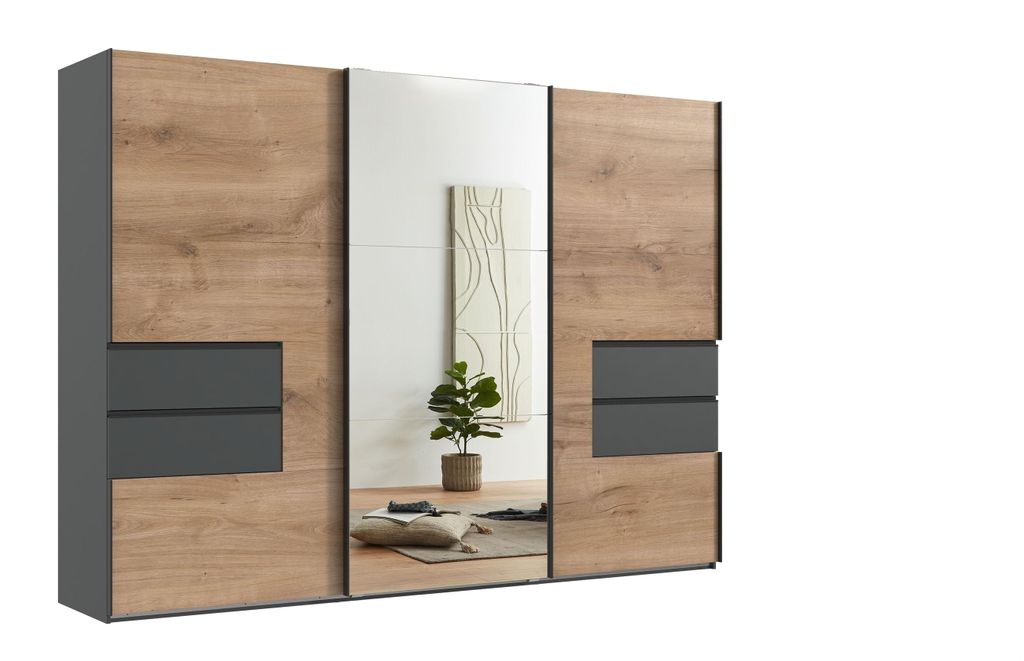 Schwebetürenschrank >palermo< PLANKENEICHE Nachbildung / SPIEGEL + GRAPHIT - 300x216x65 (BxHxT)