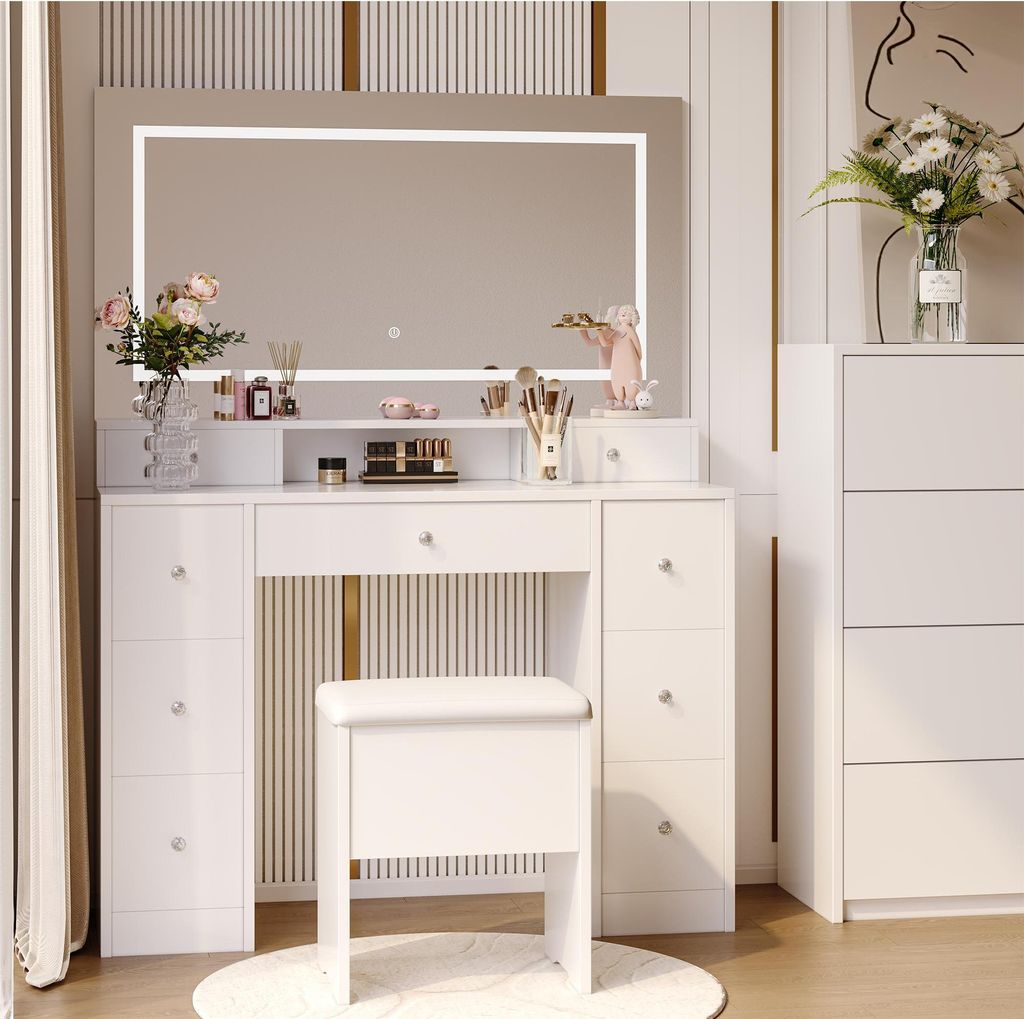 Weißer Schminktisch mit dreifarbigem LED-Spiegel, Touch-Schalter und großem Stauraum mit Hocker