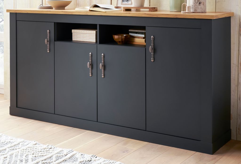 Sideboard "Ribera" in grau und Wotan Eiche große Landhaus Kommode 200x104 cm mit Soft-Close