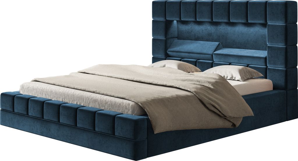 Polsterbett HILTON 160 x 200 cm mit LED Beleuchtung, Doppelbett inkl. Bettkasten und Lattenrost, Farbe Blau