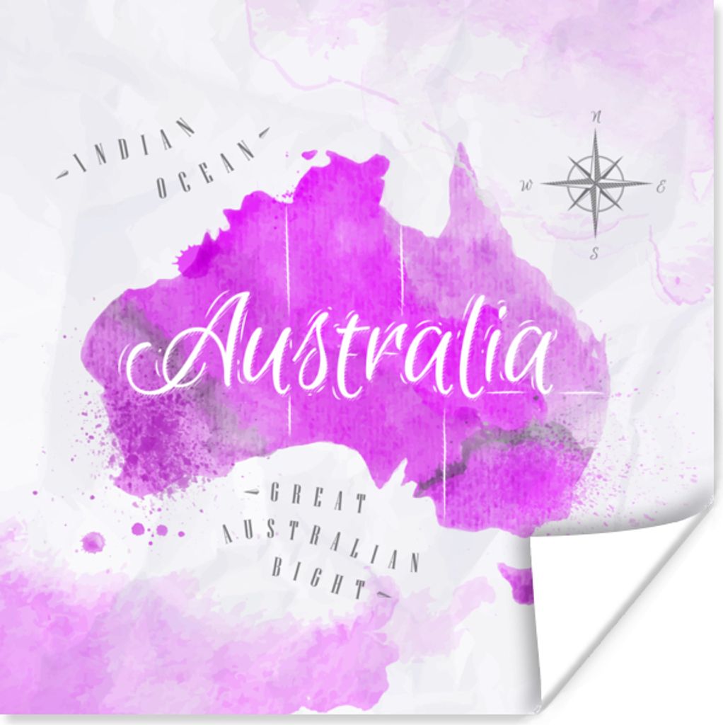 MuchoWow Poster Weltkarte - Australien - Rosa 50x50 cm - Wohnzimmerdekoration