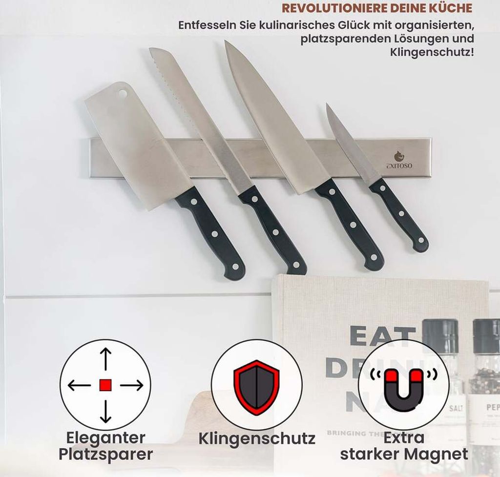 Barre Aimantée Bois Praknu Porte Couteaux Magnétique 40cm Bois Acacia - 3 Crochets Inclus, Support Aimanté Murale Pour Cuisine Couteaux Et Ustensiles De Cuisine