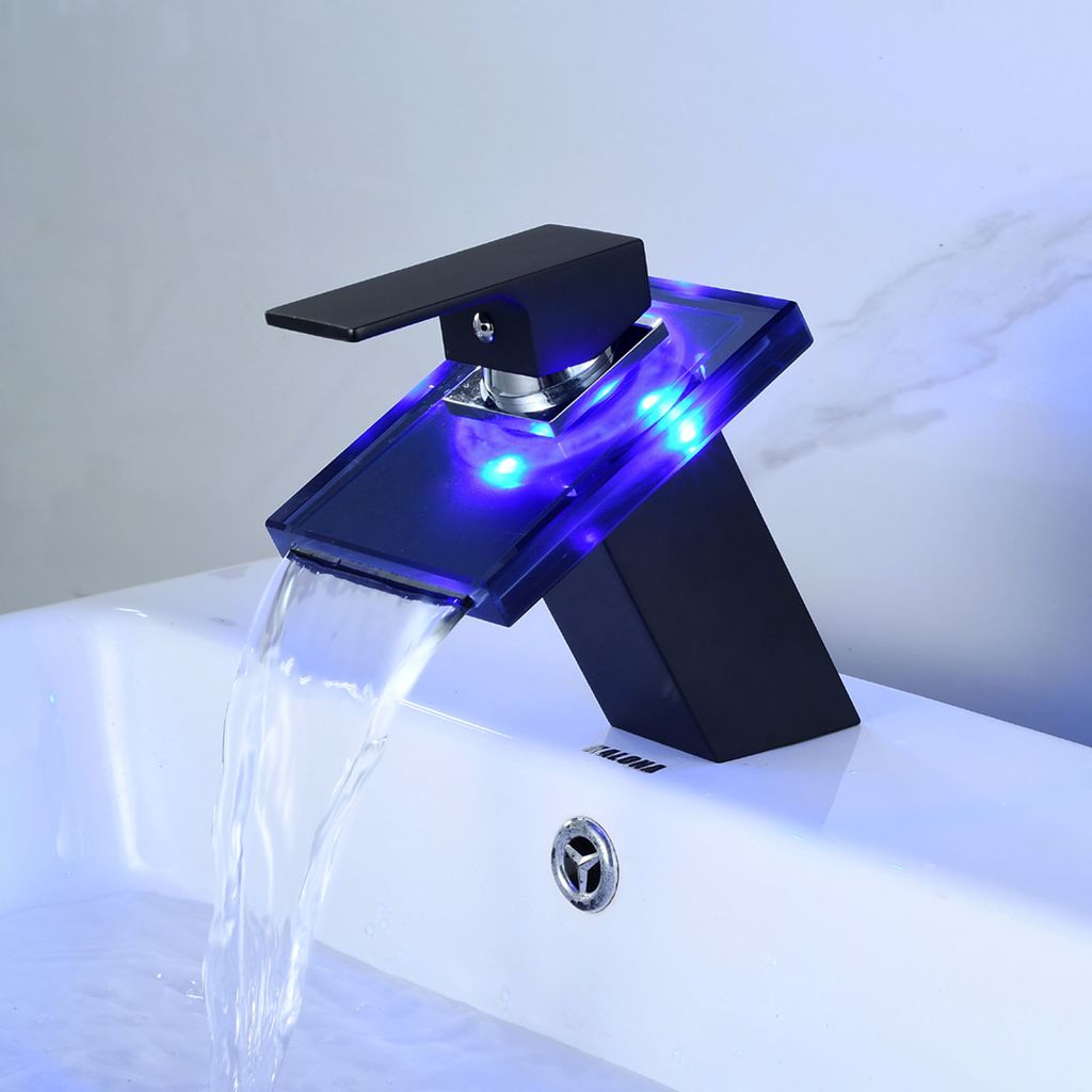 LED Wasserhahn Glas Waschbeckenarmatur Wasserfall RGB Farbewechsel Armatur Bad 