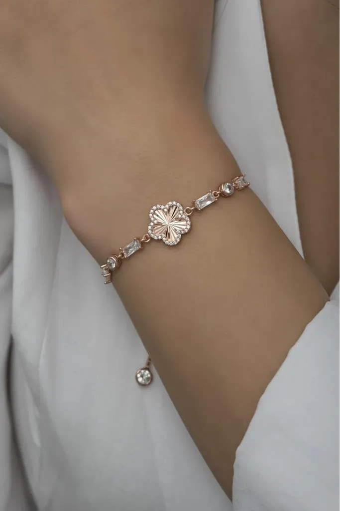 Bracelet trèfle argent 925 rose zircon baguette 19cm réglable femme