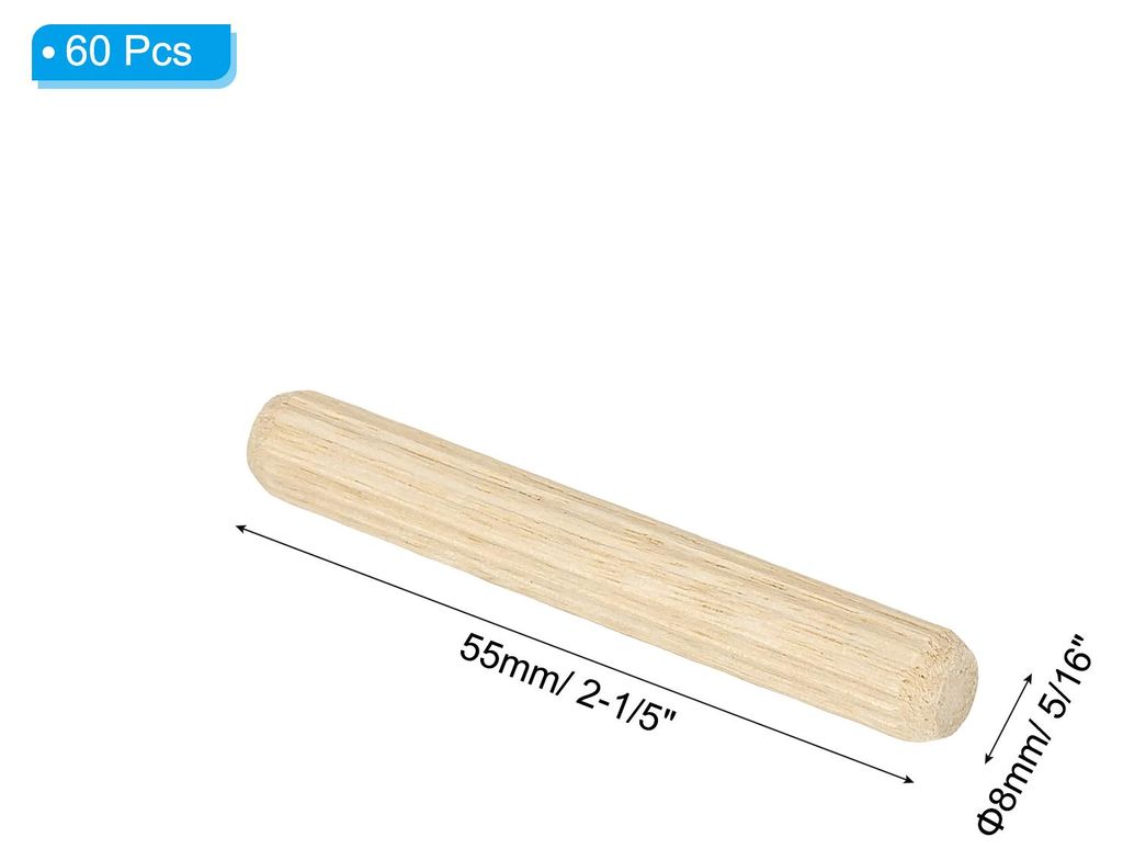 60 Stš¹ck 8 x 55mm Holzdš¹bel Set, Riffelholzdš¹bel Holzstifte Dš¹bel Set Gerillte Holzš¹belstifte Dš¹bel Holz mit Rillen fš¹r Zimmer...