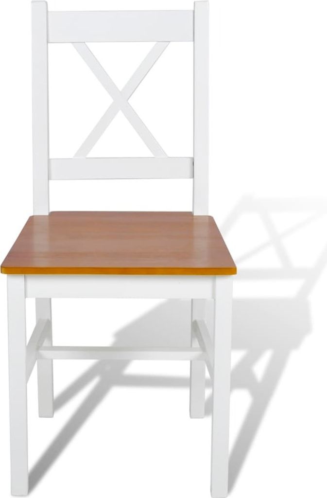 A single white dining chair with a wooden seat is shown against a white background.