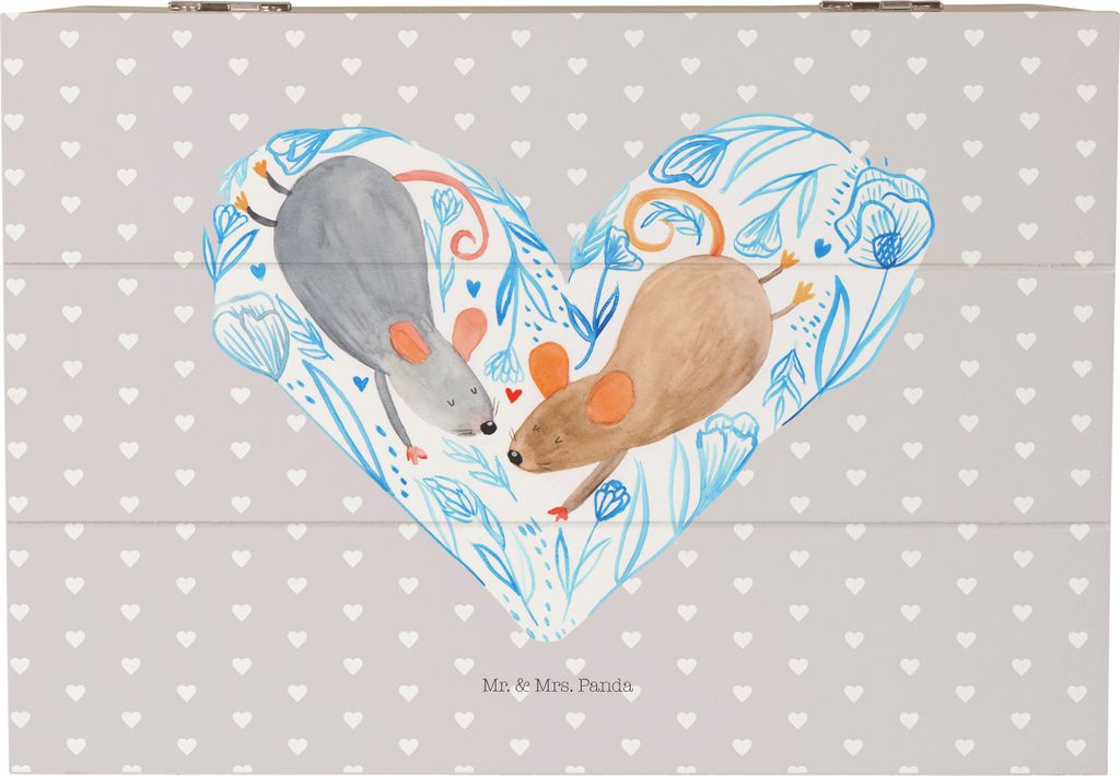 Mr. & Mrs. Panda Truhe Mäuse Herz 22 x 15 cm - Grau Pastell - Geschenk, Maus, Holzkiste, für Immer, Geschenkbox, Schatzkiste, Liebe, schmuckkiste...