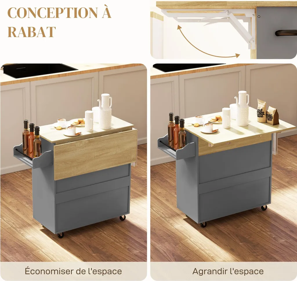 Meuble d'appoint de cuisine gris roulant pour optimiser le rangement