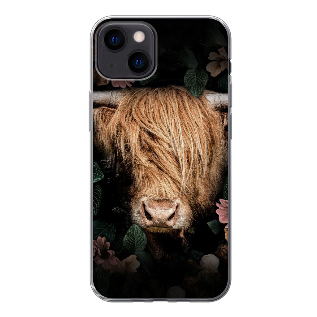 MuchoWow Handyhülle Schutzhülle Hülle für iPhone 13 Schottischer Highlander - Kuh - Blätter Silikon Softcase Handy Hülle - Karteninhaber