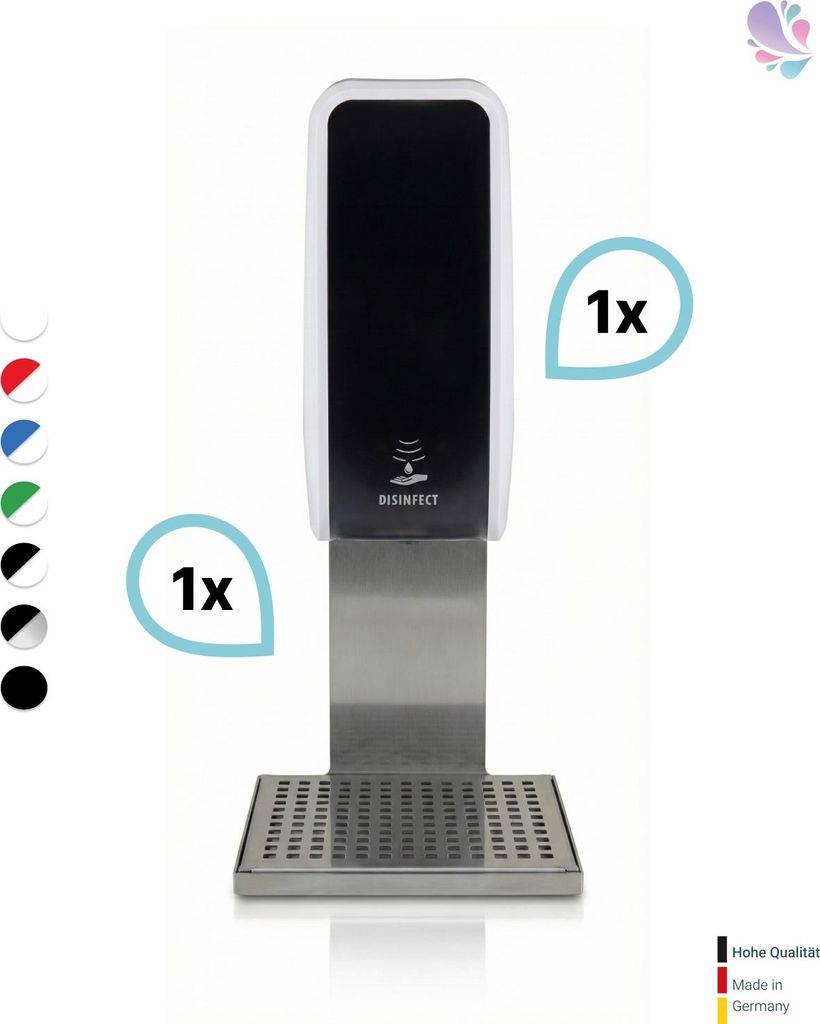 SET: Desinfektionsspender SENSOR, berührungslos Blanc Cosmos versch. Farben+Edelstahlhalterung mit Auffangschale : Farbe - Schwarz / Weiß Farbe: ...