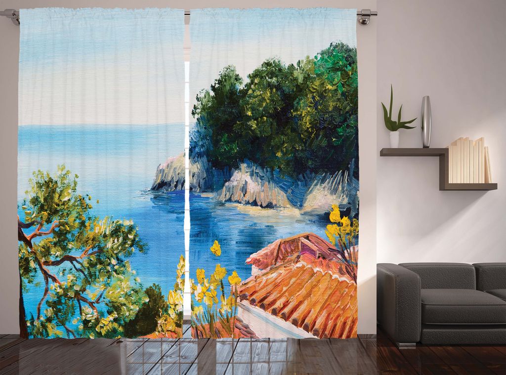 ABAKUHAUS Romantisch Rustikaler Vorhang, Mittelmeer-Landschaft, Wohnzimmer Universalband Gardinen mit Schlaufen und Haken, 280 x 175 cm, Orange Gr...