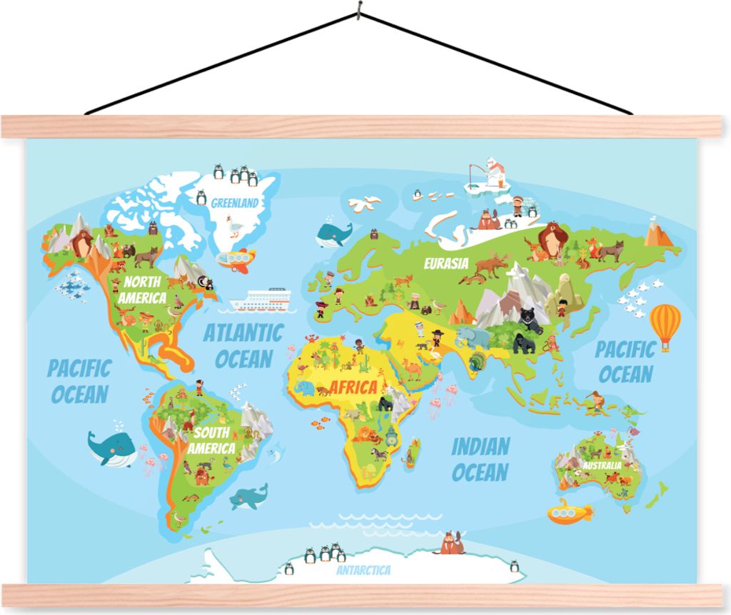MuchoWow Textilposter Weltkarte - Kinder - Tiere 60x40 cm mit holzfarbenen Rahmen - Bilder
