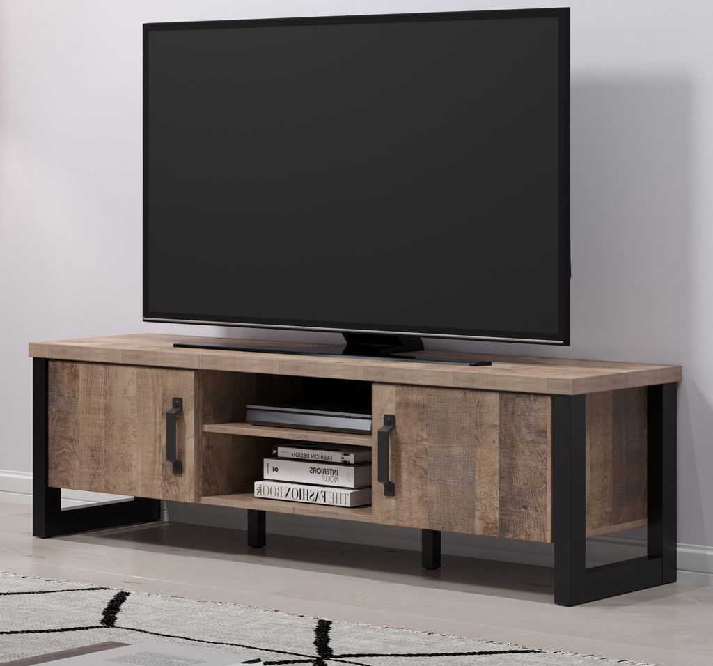 TV Lowboard "Emile" in Eiche Tabak und schwarz Flat-TV Unterschrank mit Stauraum 166 x 50 cm