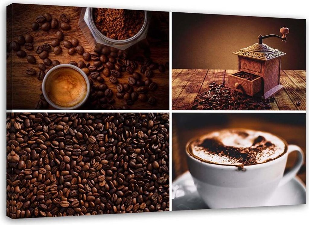 Leinwandbild kaffeebohnen mühle und kaffee 100x70 cm Feeby braun wandbild bereit zum aufhängen