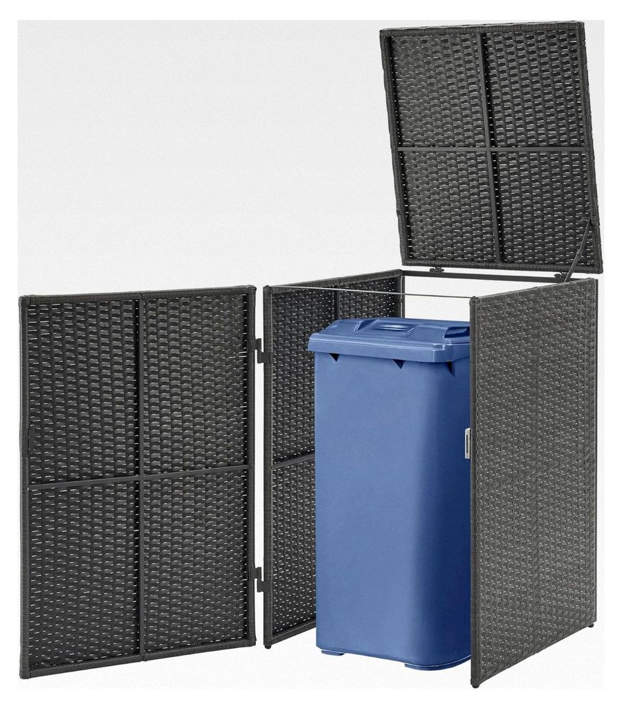Mülltonnenverkleidung für 1 Mülltonne 240 L, Mülltonnenbox, Mülltonnenhaus, Polyrattan, Stahlrahmen, 109 x 70 x 78 cm, Dunkelgrau