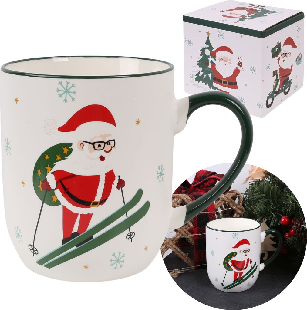 Weiße festliche Porzellantasse, Weihnachtsmann auf Skiern Produktbild 
