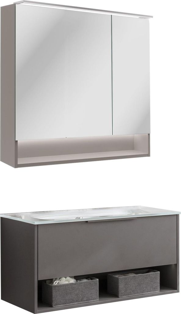Fackelmann B.Paris 3-teiliges Badmöbel-Set Modernes Design mit Waschtischunterschrank, Glasbecken & Spiegelschrank in Cubanit Grau, 90,5 cm