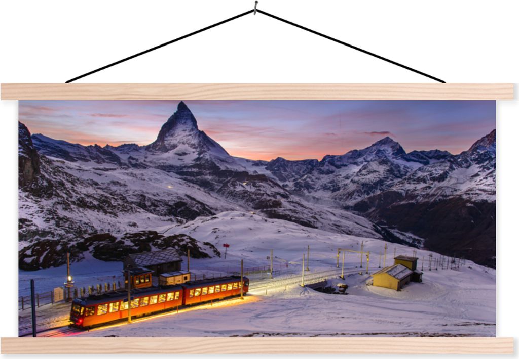 MuchoWow Textilposter Gornergratbahn vor dem Matterhorn im Schweizer Kanton Wallis 60x30 cm mit holzfarbenen Rahmen - Dekoration